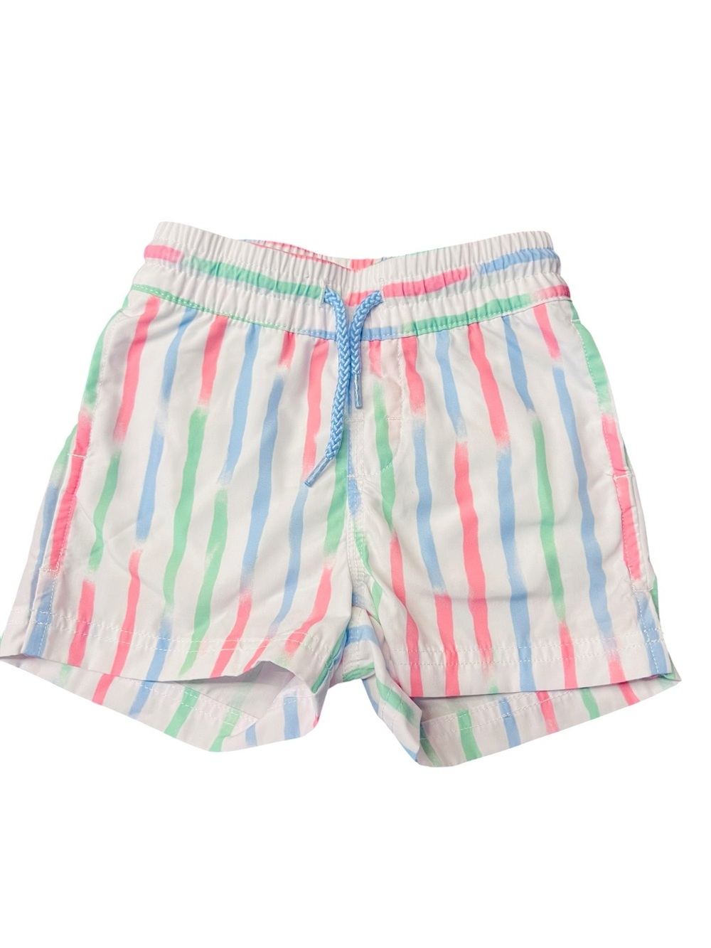 The Beaufort Bonnet Company Boys' White Swim Trunks with Pastel Stripes